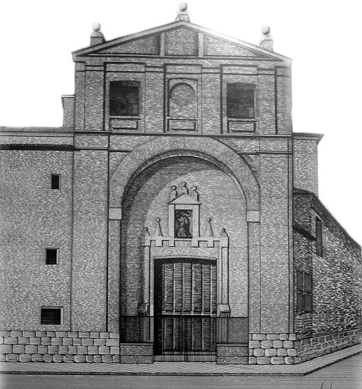Iglesia de Sta. María del Castillo, antes de la Vera Cruz. Fachada principal hacia la plaza del Pan. H.1958. Dibujo a plumín de Juan Antonio del Sol Hernández